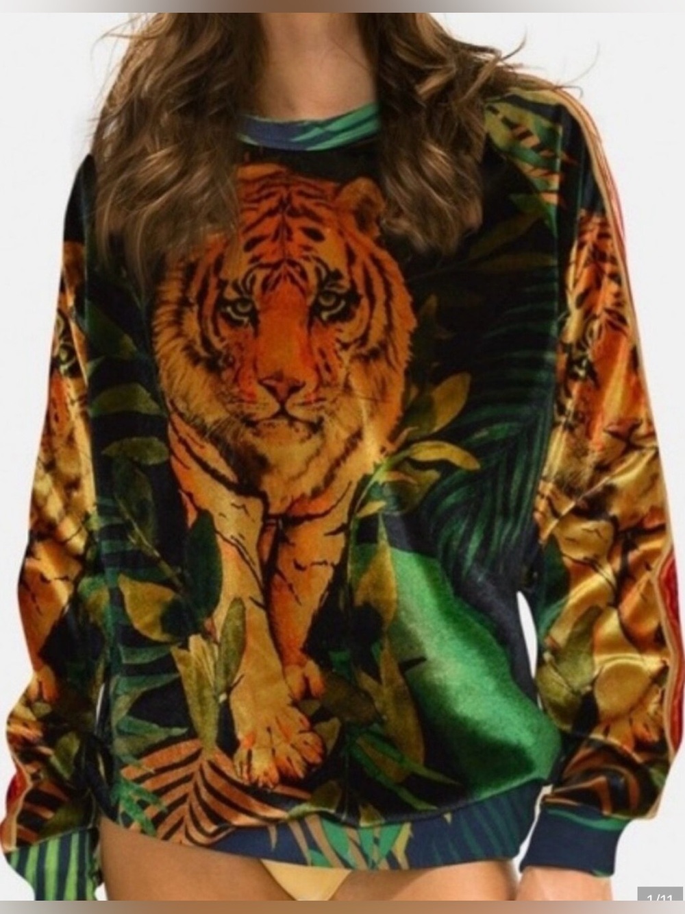 Aviator Nation Jungle Tiger Velour Striped Crewneck Pullover Sweatshirt